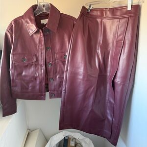 LOFT Burgundy Faux Leather Jacket and Skirt Set